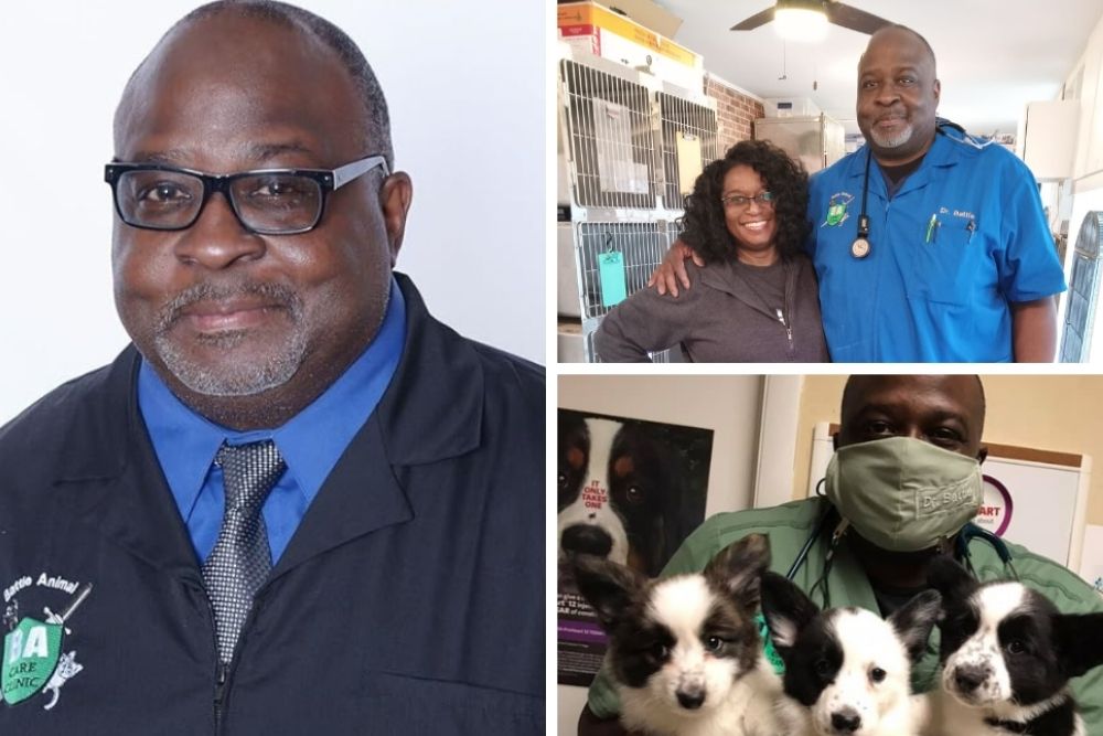 Battle-Animal-Care-Clinic-Meet-Our-Team-Photo Collage of a veterinarian at a clinic. The left panel shows a headshot of the veterinarian. The top right panel shows the veterinarian with a woman, with animal kennels in the background. The bottom right panel shows the veterinarian holding three puppies.